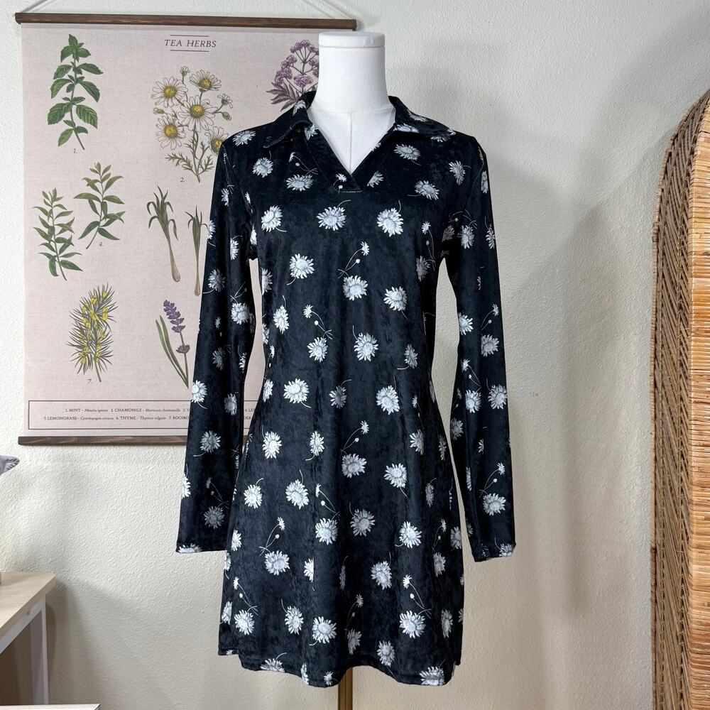 90s Y2k Velvet Floral Collared Mini Dress Whimsigoth Dark Fairy Grunge Mod S